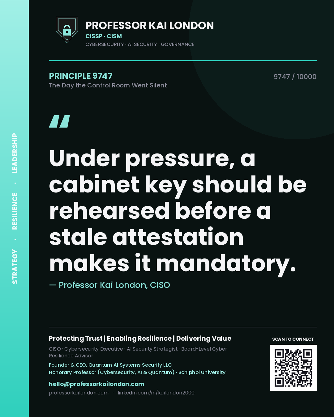 Quote card by Professor Kai London reading 'Under pressure, a cabinet key should be rehearsed before a stale attestation makes it mandatory.'. From the book The Day the Control Room Went Silent.