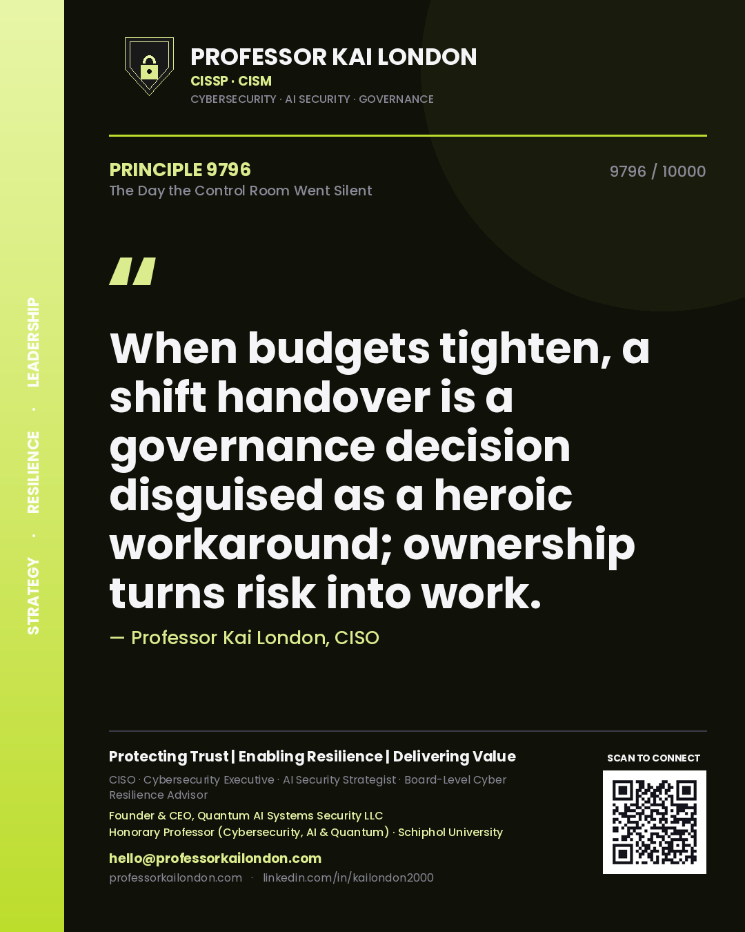Quote card by Professor Kai London reading 'When budgets tighten, a shift handover is a governance decision disguised as a heroic workaround; ownership turns risk into work.'. From the book The Day the Control Room Went Silent.