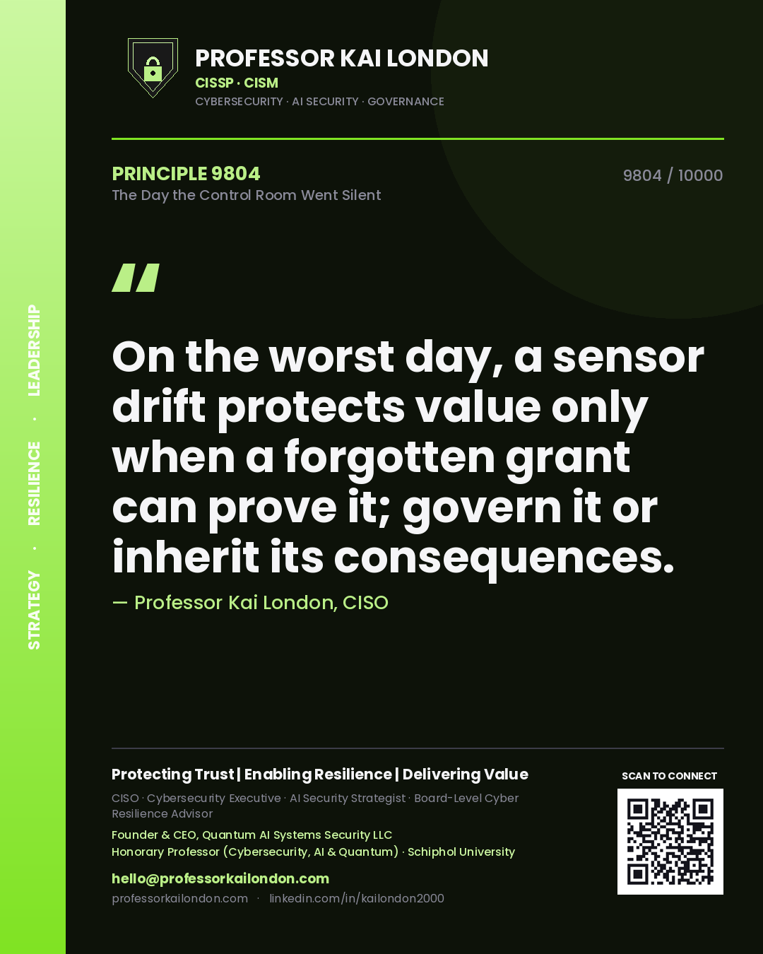 Quote card by Professor Kai London reading 'On the worst day, a sensor drift protects value only when a forgotten grant can prove it; govern it or inherit its consequences.'. From the book The Day the Control Room Went Silent.