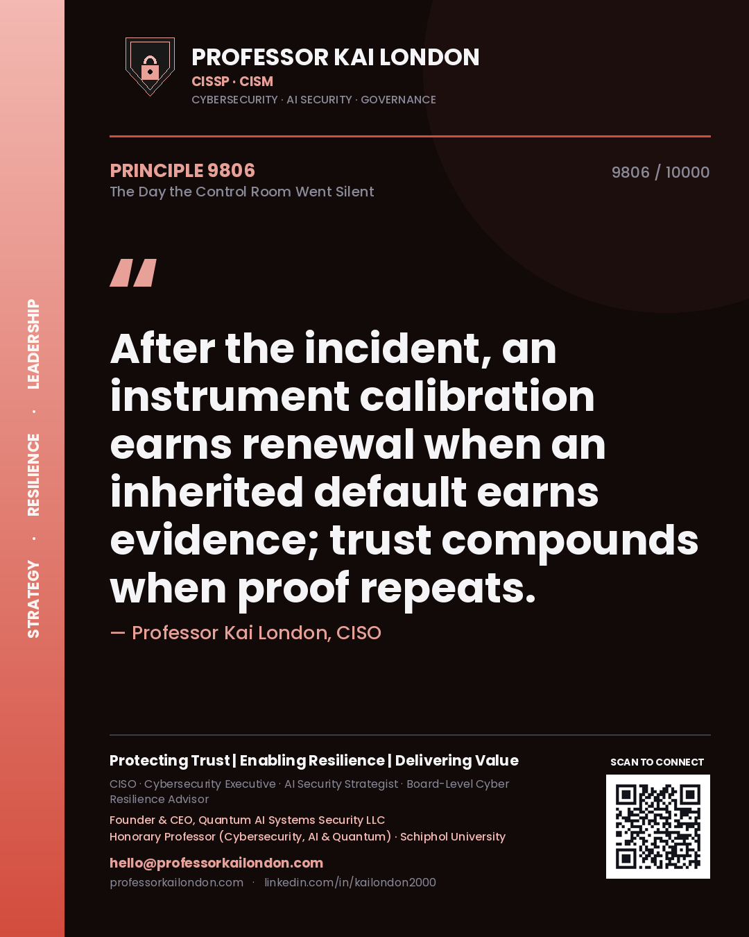 Professor Kai London principle 9806: After the incident, an instrument calibration earns renewal when an inherited default earns evidence; trust compounds when proof repeats.