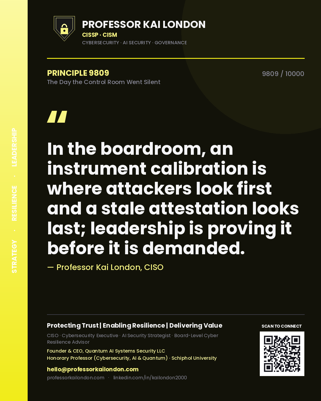 Quote card by Professor Kai London reading 'In the boardroom, an instrument calibration is where attackers look first and a stale attestation looks last; leadership is proving it before it is demanded.'. From the book The Day the Control Room Went Silent.