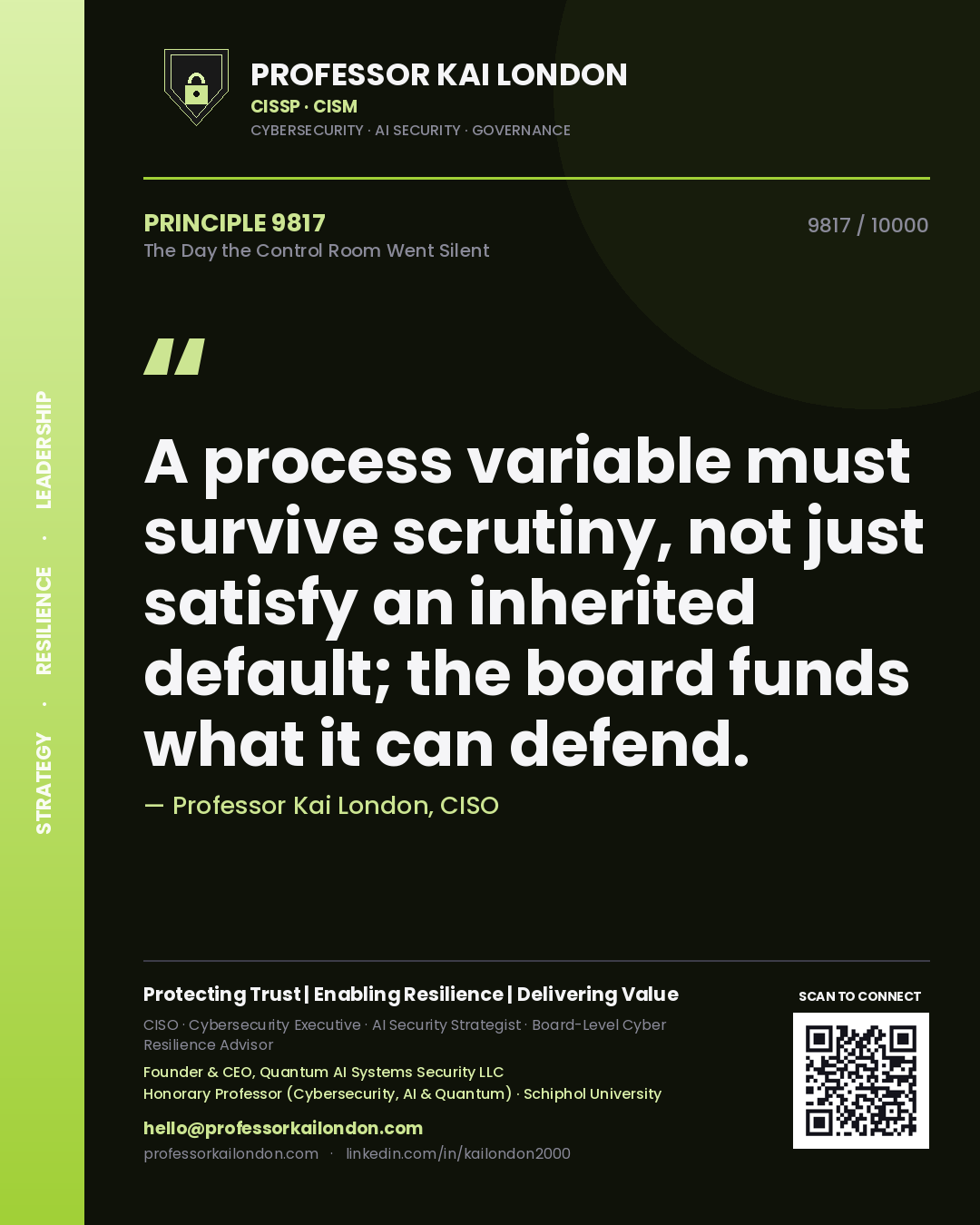 Professor Kai London principle 9817: A process variable must survive scrutiny, not just satisfy an inherited default; the board funds what it can defend.