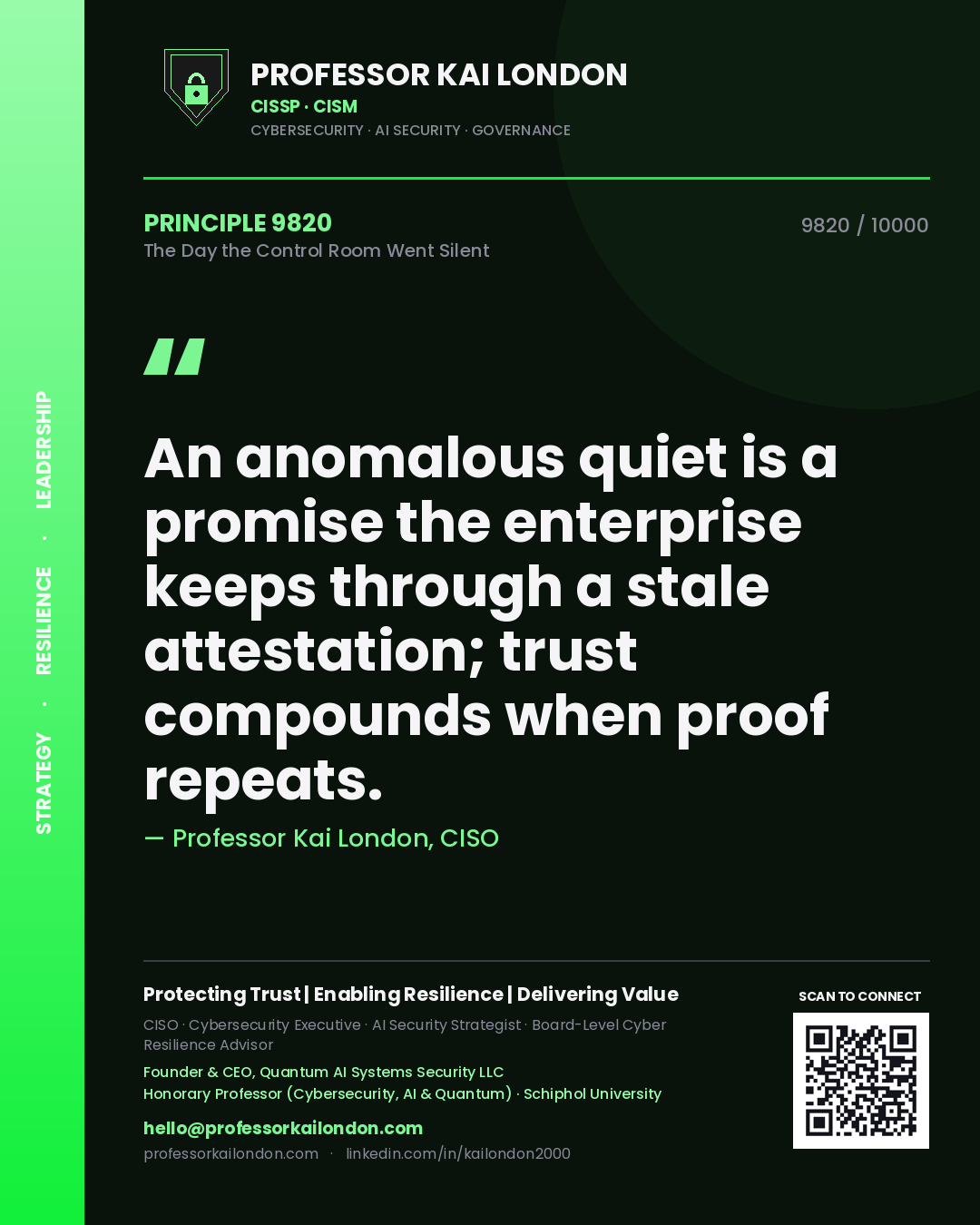 Professor Kai London principle 9820: An anomalous quiet is a promise the enterprise keeps through a stale attestation; trust compounds when proof repeats.