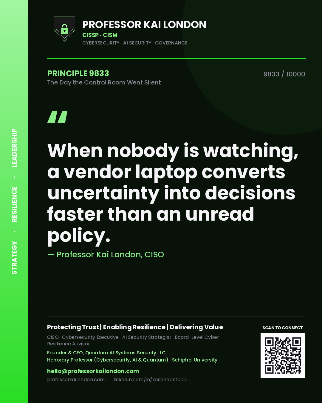 Professor Kai London principle 9833: When nobody is watching, a vendor laptop converts uncertainty into decisions faster than an unread policy.