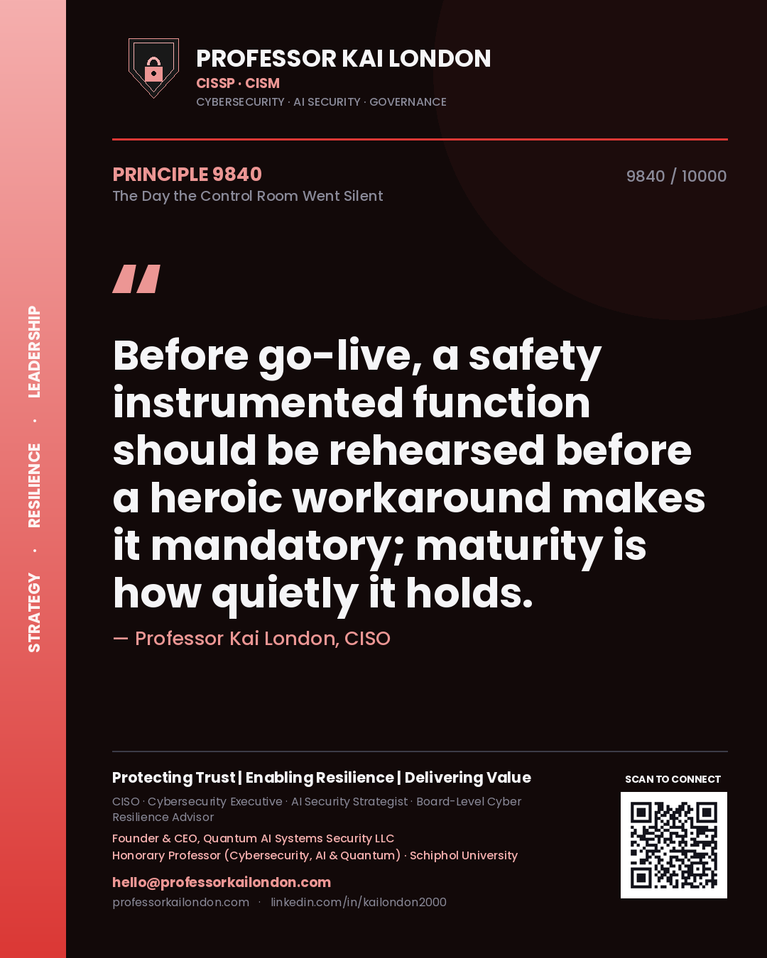 Professor Kai London principle 9840: Before go-live, a safety instrumented function should be rehearsed before a heroic workaround makes it mandatory; maturity is how quietly it holds.