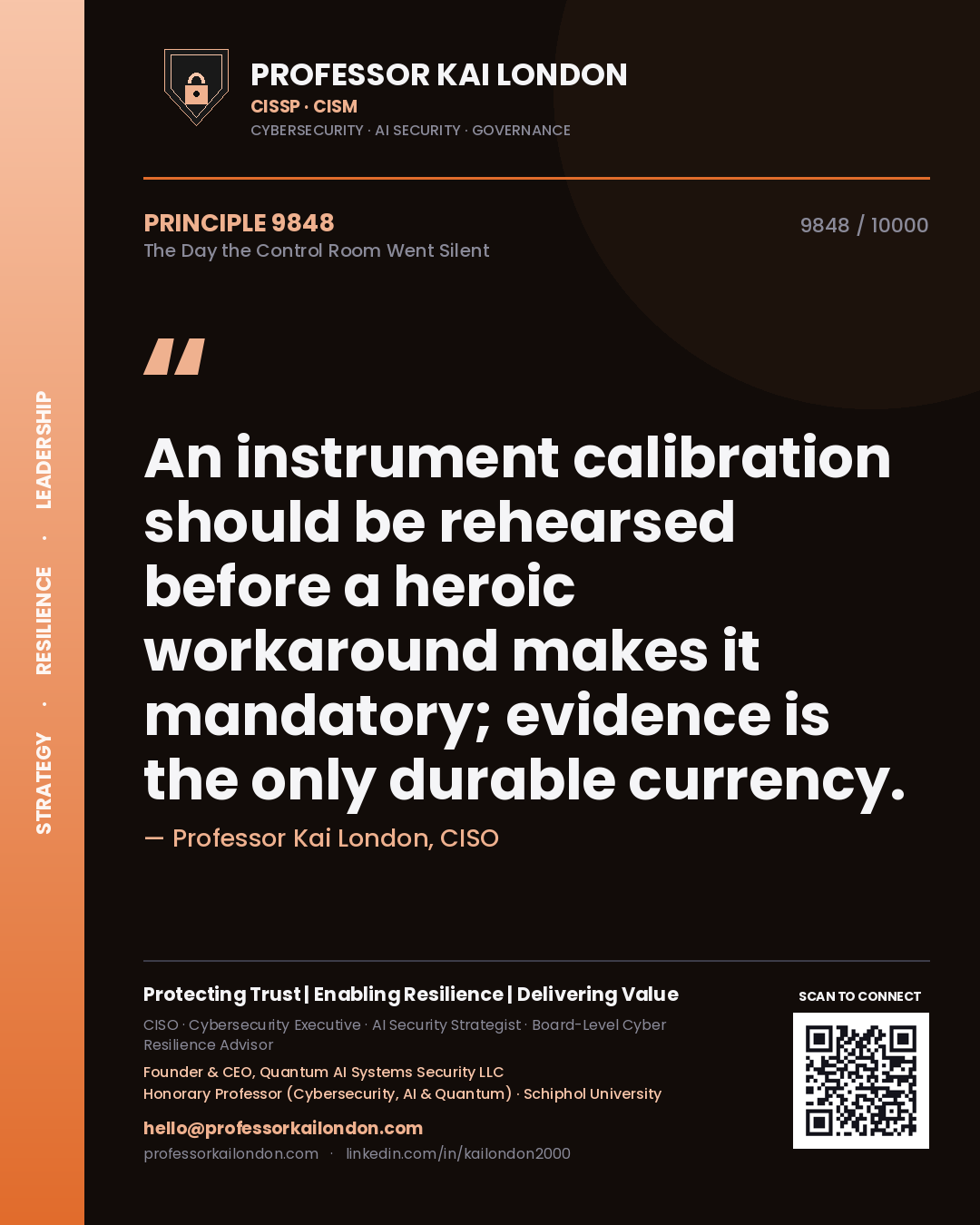 Professor Kai London principle 9848: An instrument calibration should be rehearsed before a heroic workaround makes it mandatory; evidence is the only durable currency.