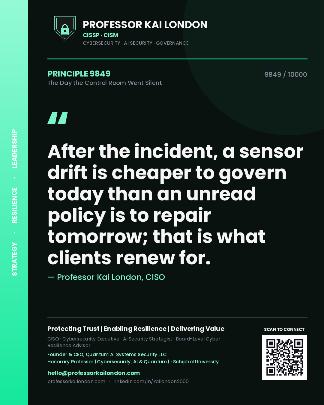 Professor Kai London principle 9849: After the incident, a sensor drift is cheaper to govern today than an unread policy is to repair tomorrow; that is what clients renew for.