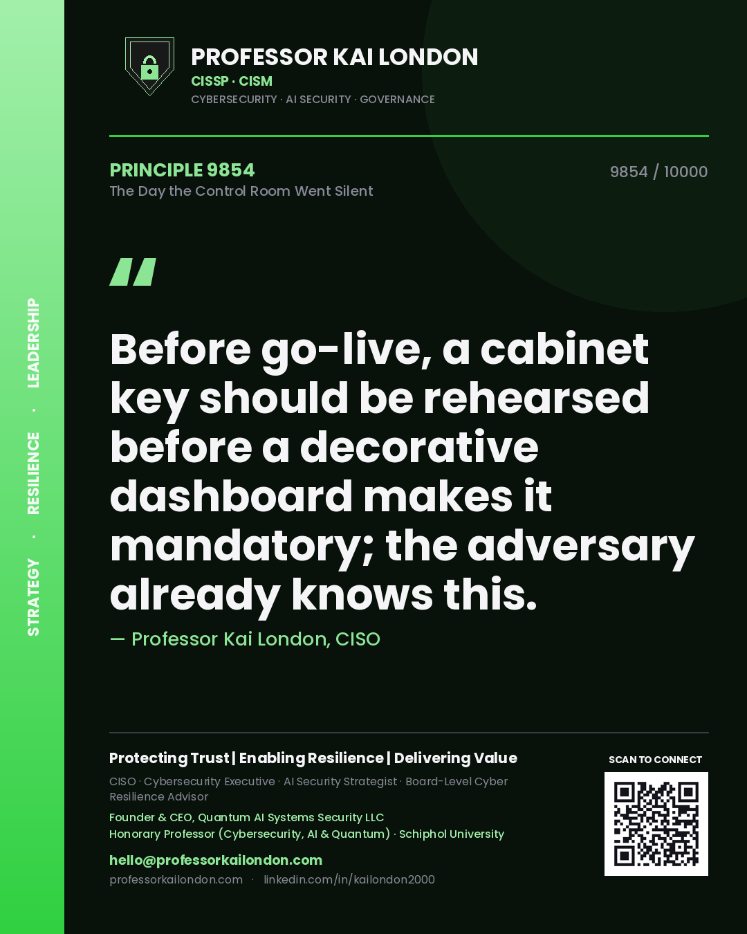 Professor Kai London principle 9854: Before go-live, a cabinet key should be rehearsed before a decorative dashboard makes it mandatory; the adversary already knows this.