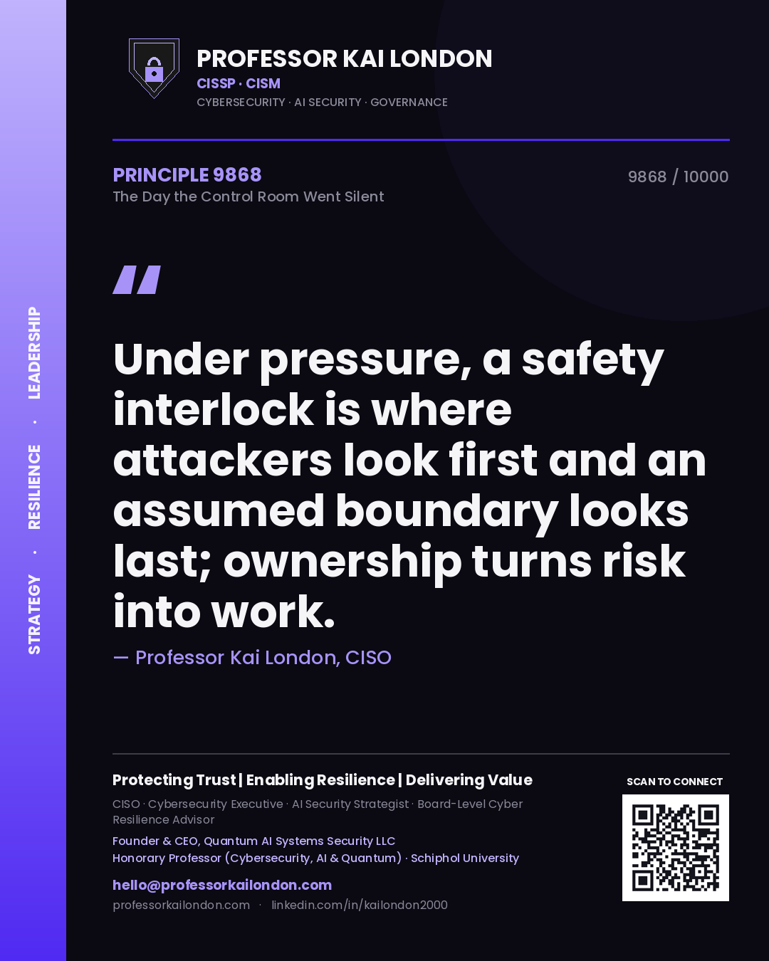 Professor Kai London principle 9868: Under pressure, a safety interlock is where attackers look first and an assumed boundary looks last; ownership turns risk into work.