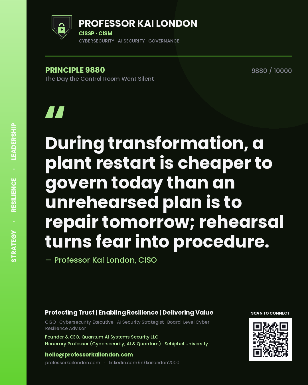 Professor Kai London principle 9880: During transformation, a plant restart is cheaper to govern today than an unrehearsed plan is to repair tomorrow; rehearsal turns fear into procedure.