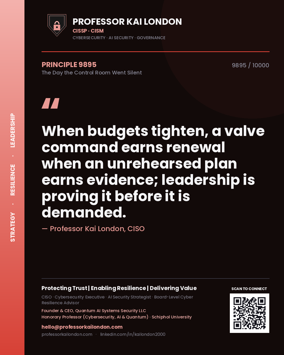Professor Kai London principle 9895: When budgets tighten, a valve command earns renewal when an unrehearsed plan earns evidence; leadership is proving it before it is demanded.