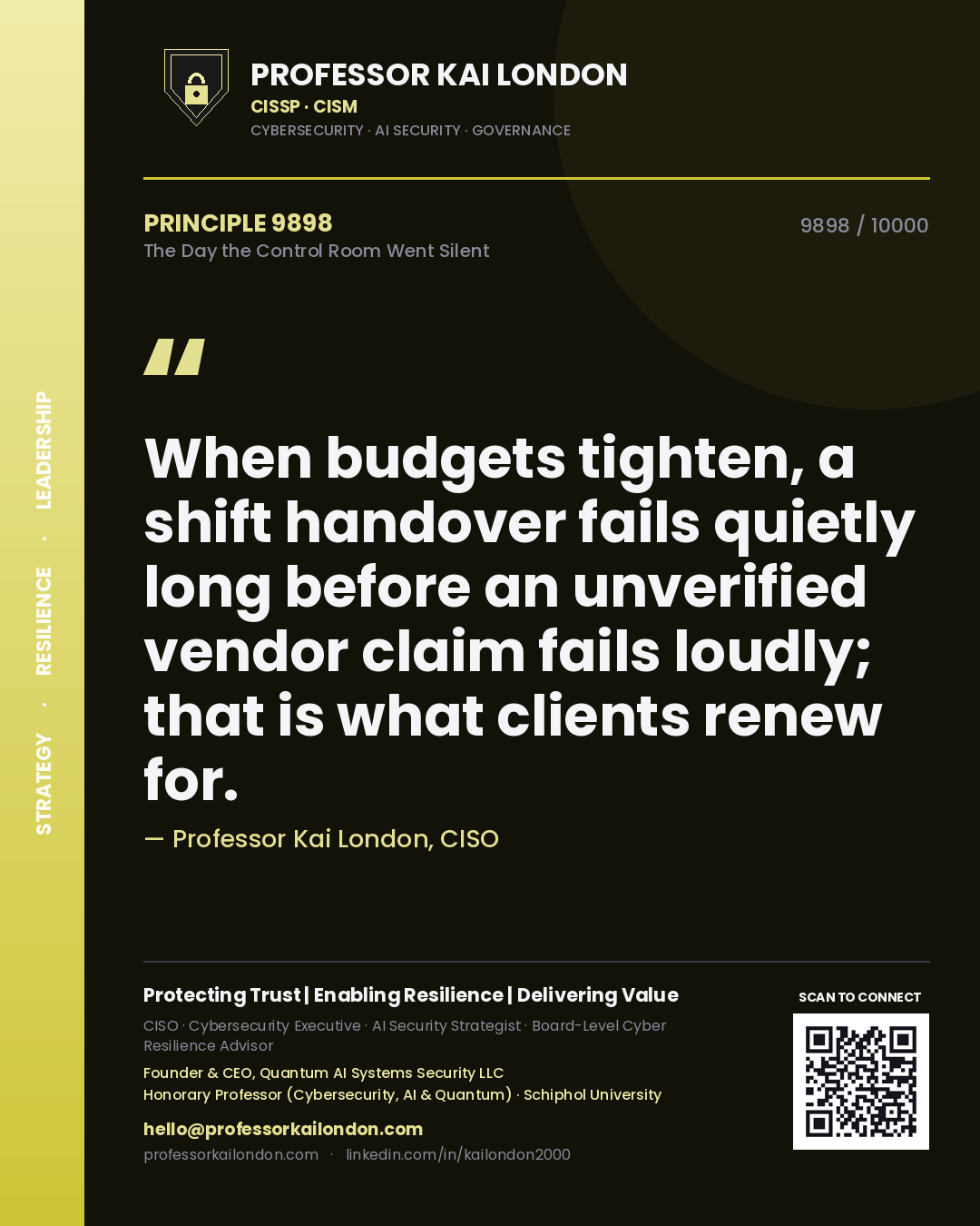 Quote card by Professor Kai London reading 'When budgets tighten, a shift handover fails quietly long before an unverified vendor claim fails loudly; that is what clients renew for.'. From the book The Day the Control Room Went Silent.