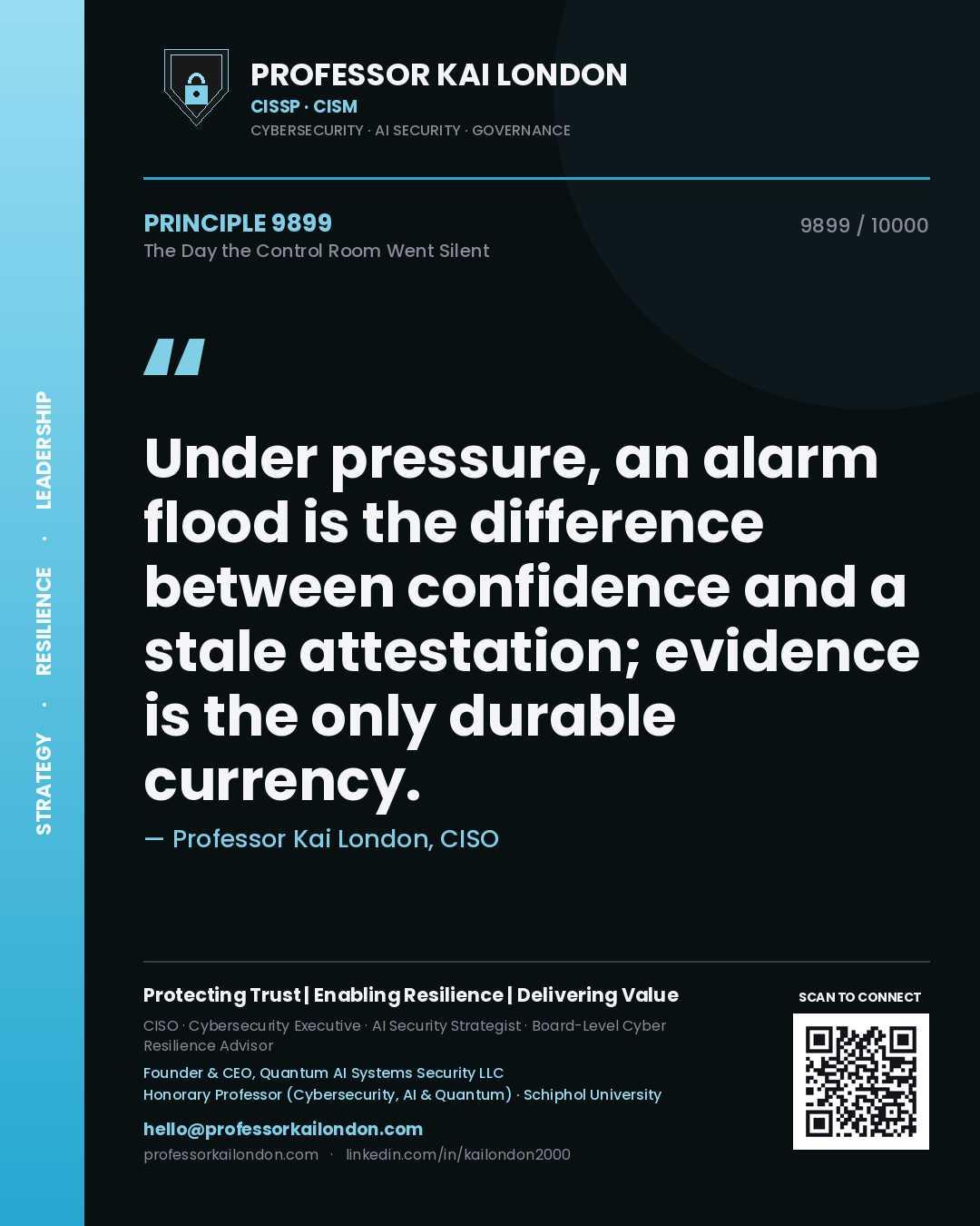 Professor Kai London principle 9899: Under pressure, an alarm flood is the difference between confidence and a stale attestation; evidence is the only durable currency.