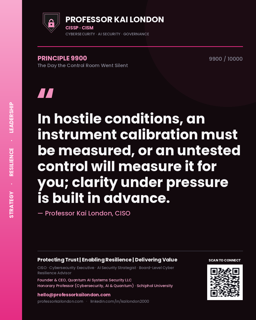 Quote card by Professor Kai London reading 'In hostile conditions, an instrument calibration must be measured, or an untested control will measure it for you; clarity under pressure is built in advance.'. From the book The Day the Control Room Went Silent.