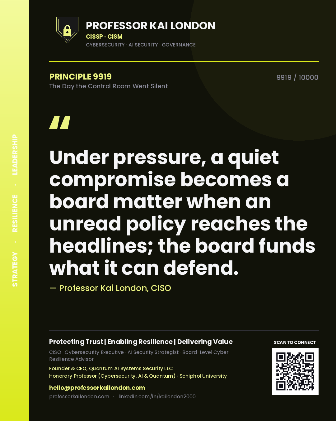 Quote card by Professor Kai London reading 'Under pressure, a quiet compromise becomes a board matter when an unread policy reaches the headlines; the board funds what it can defend.'. From the book The Day the Control Room Went Silent.