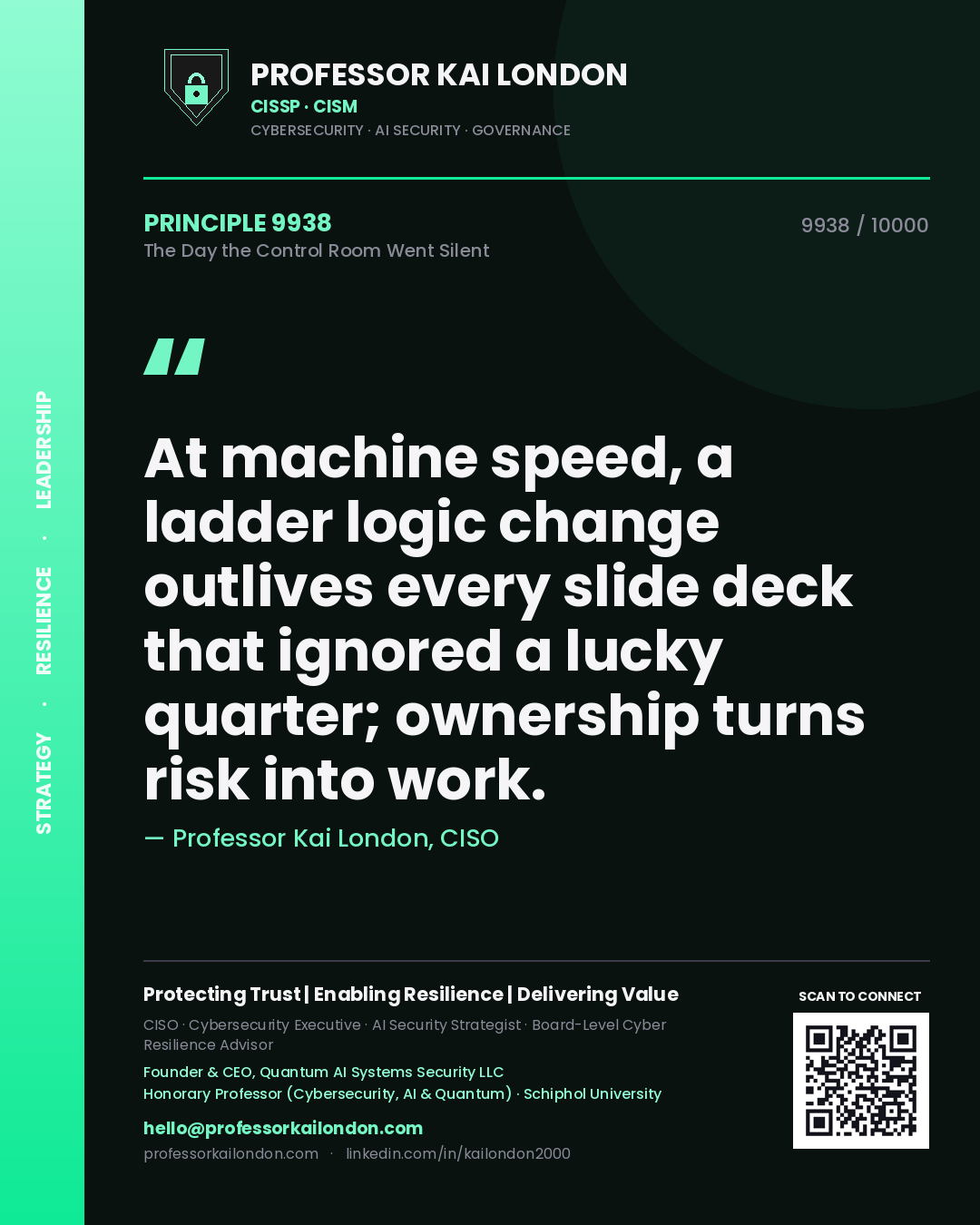 Quote card by Professor Kai London reading 'At machine speed, a ladder logic change outlives every slide deck that ignored a lucky quarter; ownership turns risk into work.'. From the book The Day the Control Room Went Silent.