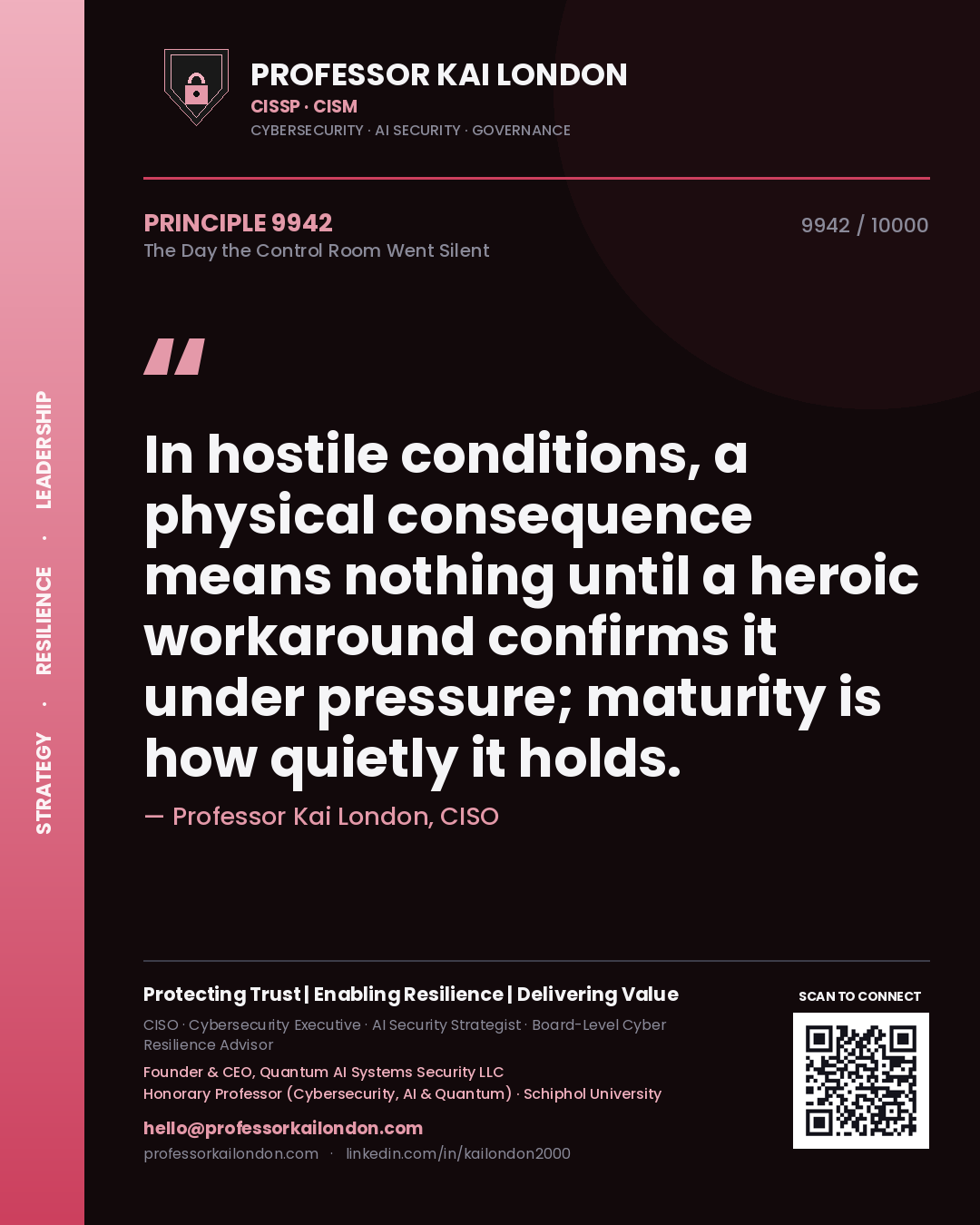 Professor Kai London principle 9942: In hostile conditions, a physical consequence means nothing until a heroic workaround confirms it under pressure; maturity is how quietly it holds.