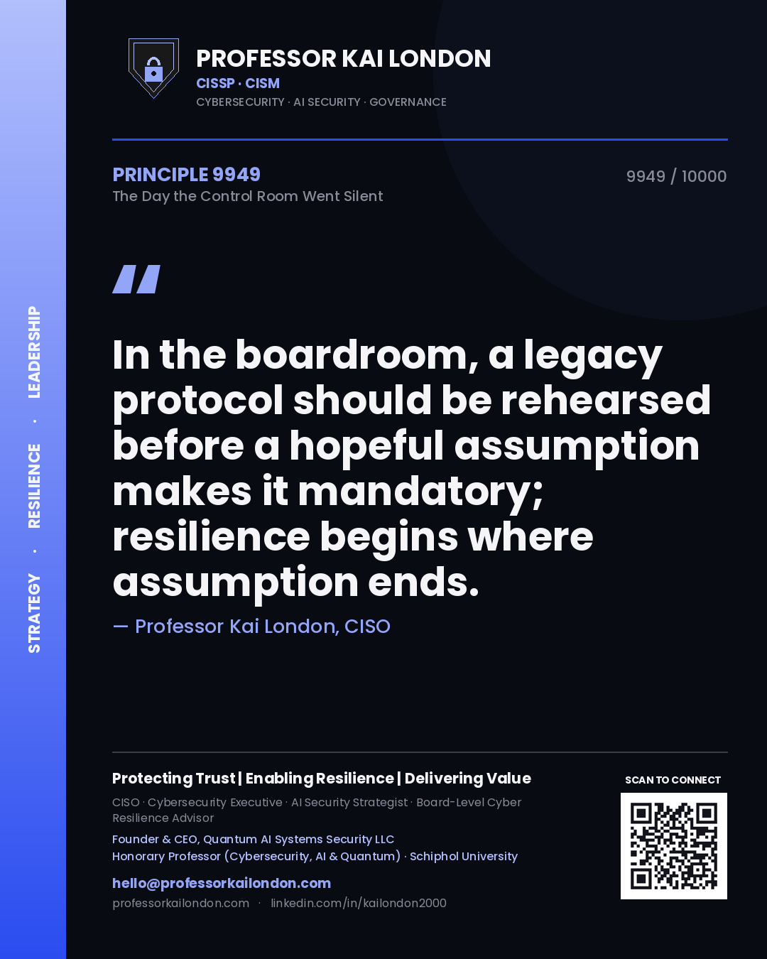 Quote card by Professor Kai London reading 'In the boardroom, a legacy protocol should be rehearsed before a hopeful assumption makes it mandatory; resilience begins where assumption ends.'. From the book The Day the Control Room Went Silent.