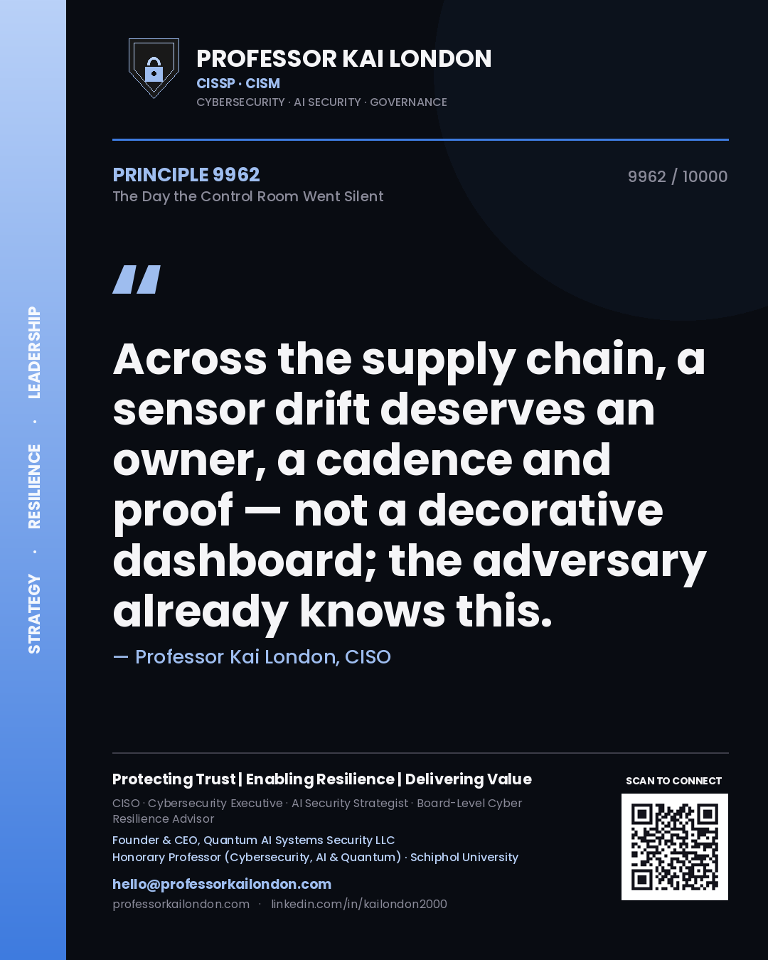 Professor Kai London principle 9962: Across the supply chain, a sensor drift deserves an owner, a cadence and proof — not a decorative dashboard; the adversary already knows this.