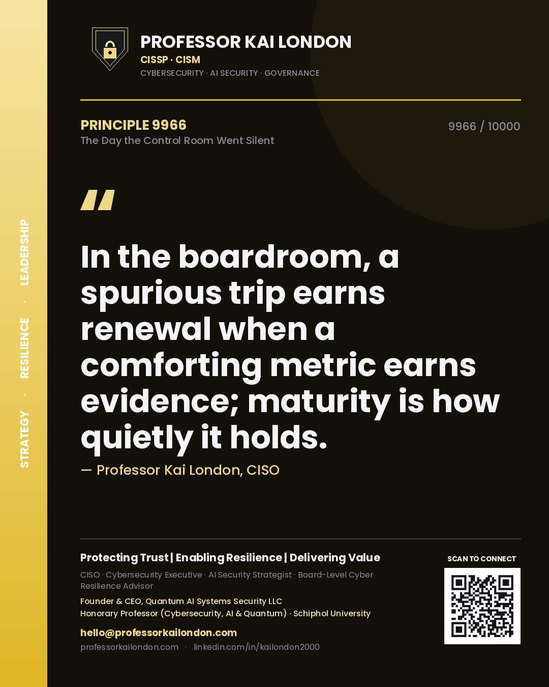 Professor Kai London principle 9966: In the boardroom, a spurious trip earns renewal when a comforting metric earns evidence; maturity is how quietly it holds.