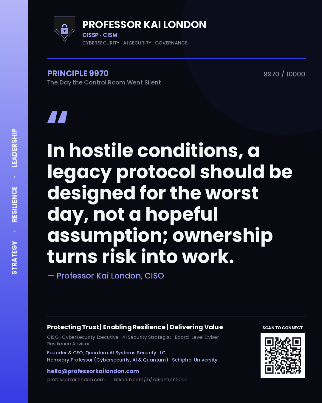 Quote card by Professor Kai London reading 'In hostile conditions, a legacy protocol should be designed for the worst day, not a hopeful assumption; ownership turns risk into work.'. From the book The Day the Control Room Went Silent.
