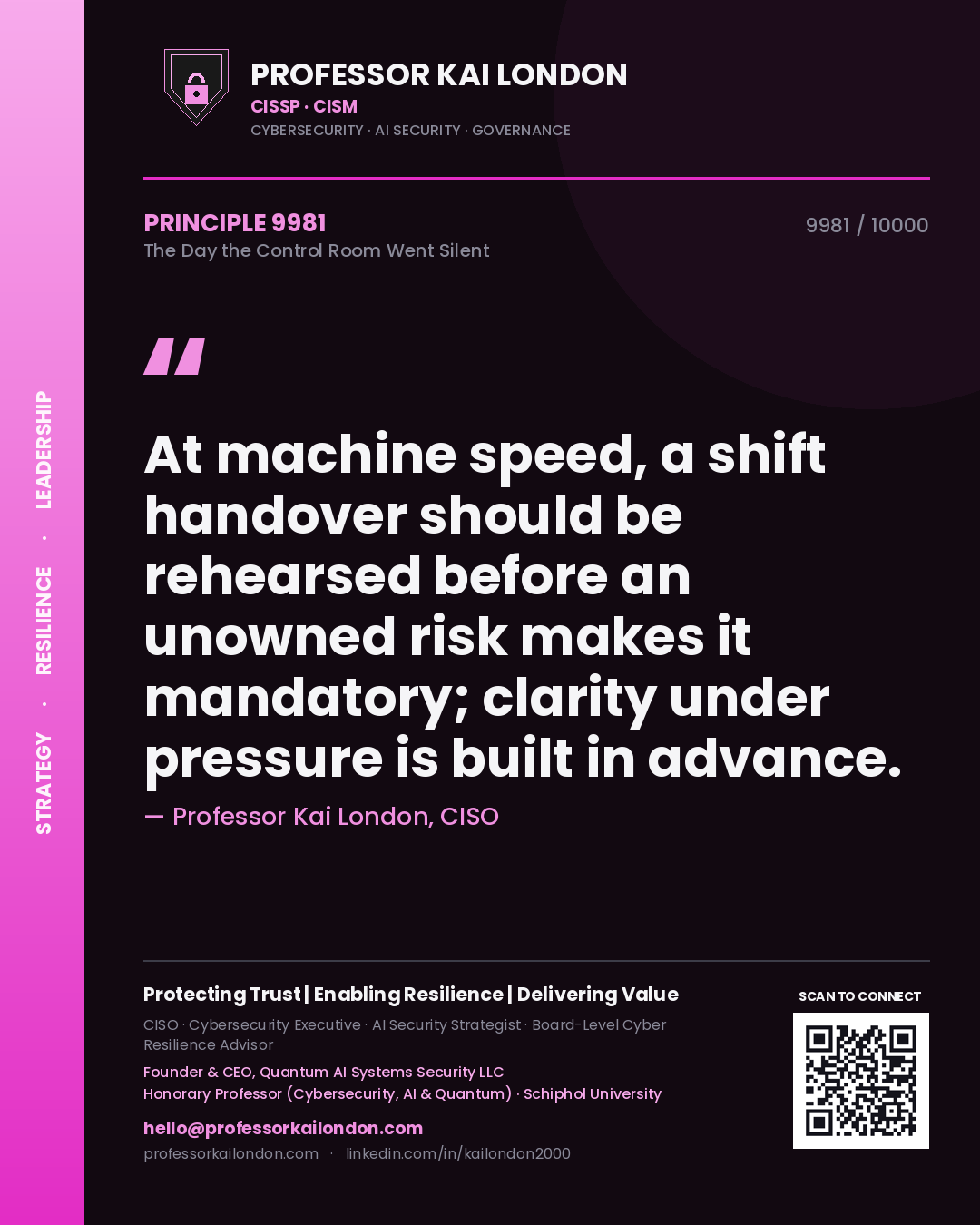 Quote card by Professor Kai London reading 'At machine speed, a shift handover should be rehearsed before an unowned risk makes it mandatory; clarity under pressure is built in advance.'. From the book The Day the Control Room Went Silent.