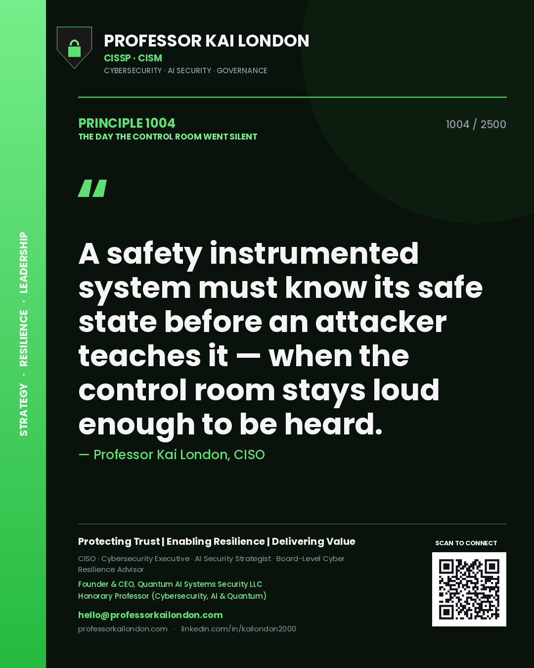 Quote card by Professor Kai London reading 'A safety instrumented system must know its safe state before an attacker teaches it — when the control room stays loud enough to be heard.'. From the book The Day the Control Room Went Silent.