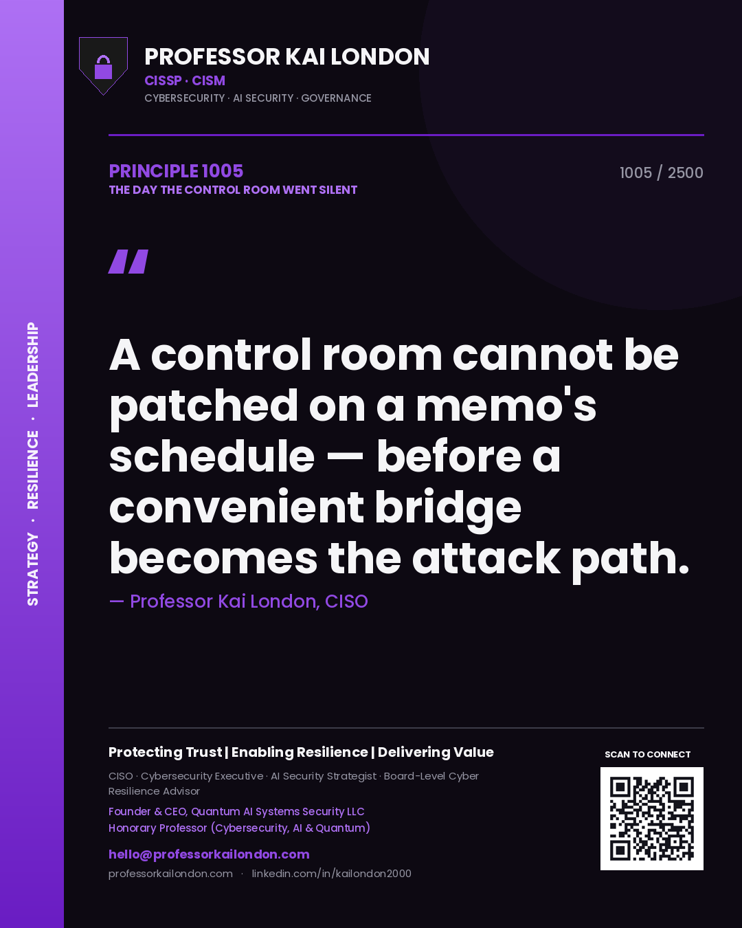 Quote card by Professor Kai London reading 'A control room cannot be patched on a memo's schedule — before a convenient bridge becomes the attack path.'. From the book The Day the Control Room Went Silent.