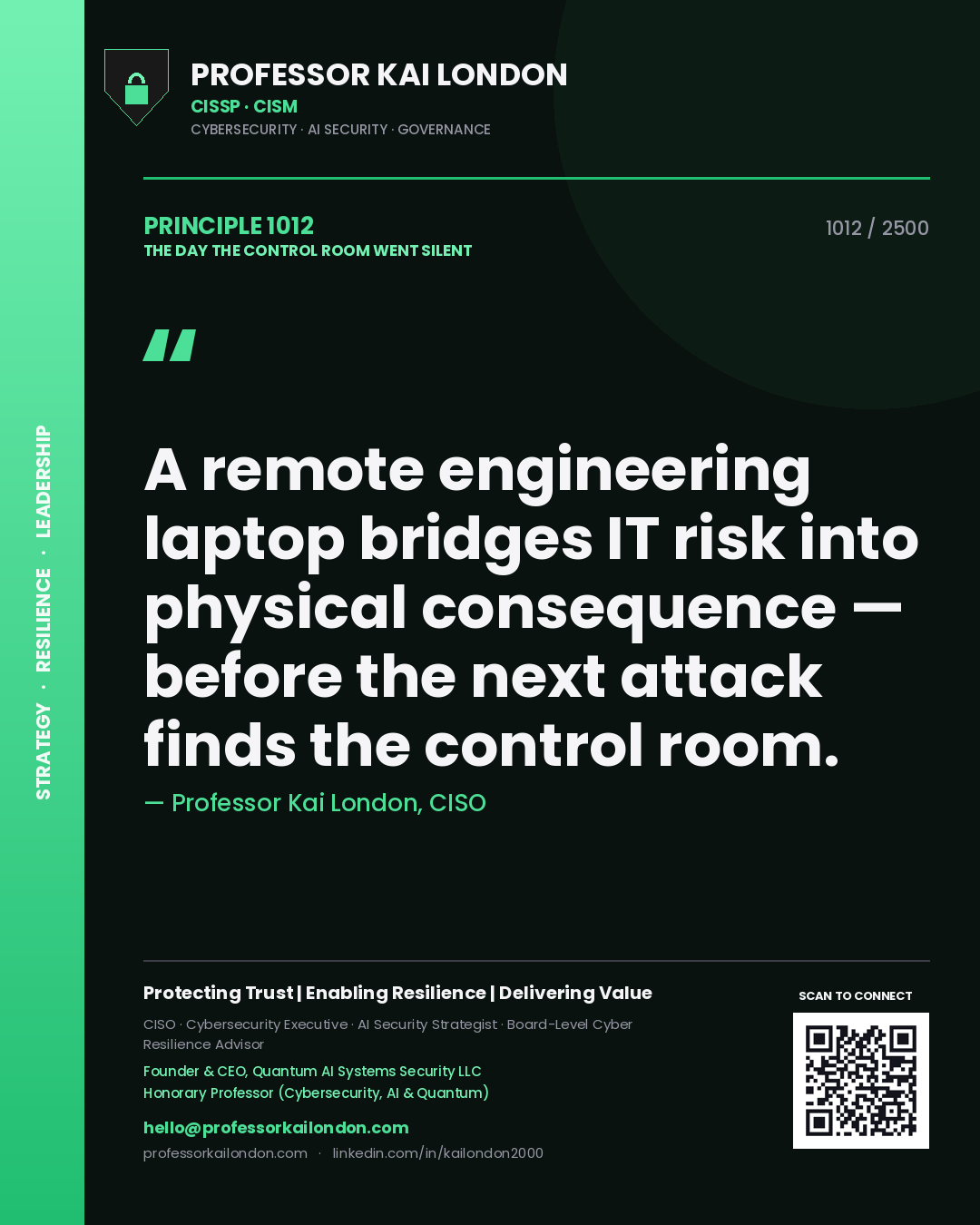 Quote card by Professor Kai London reading 'A remote engineering laptop bridges IT risk into physical consequence — before the next attack finds the control room.'. From the book The Day the Control Room Went Silent.