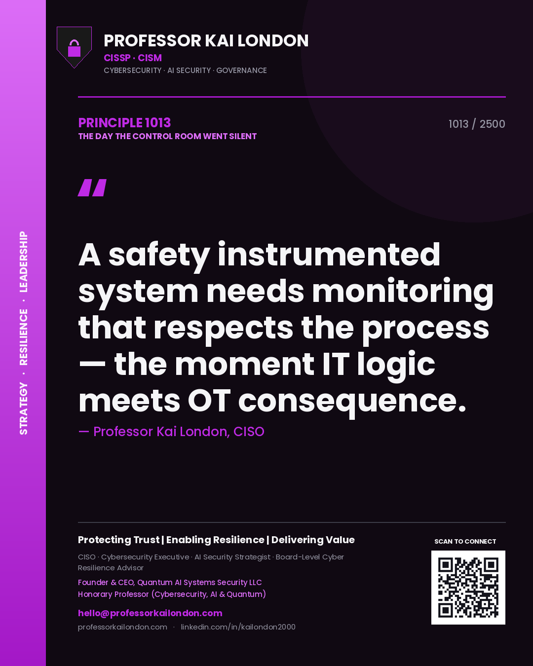 Quote card by Professor Kai London reading 'A safety instrumented system needs monitoring that respects the process — the moment IT logic meets OT consequence.'. From the book The Day the Control Room Went Silent.