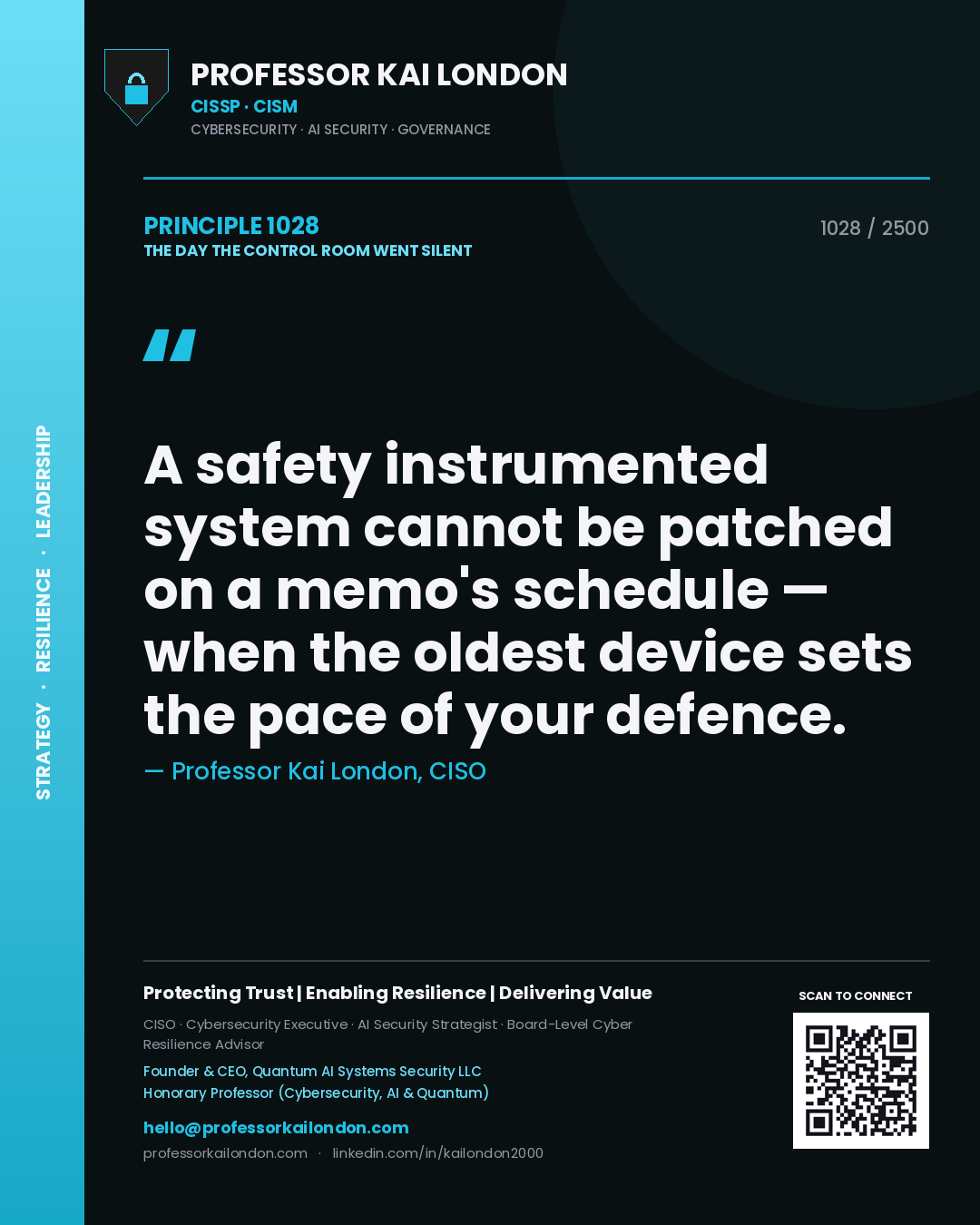 Quote card by Professor Kai London reading 'A safety instrumented system cannot be patched on a memo's schedule — when the oldest device sets the pace of your defence.'. From the book The Day the Control Room Went Silent.
