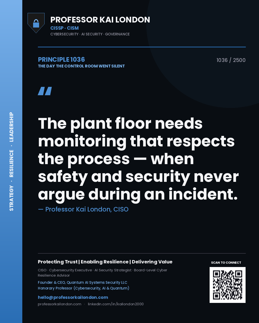 Quote card by Professor Kai London reading 'The plant floor needs monitoring that respects the process — when safety and security never argue during an incident.'. From the book The Day the Control Room Went Silent.