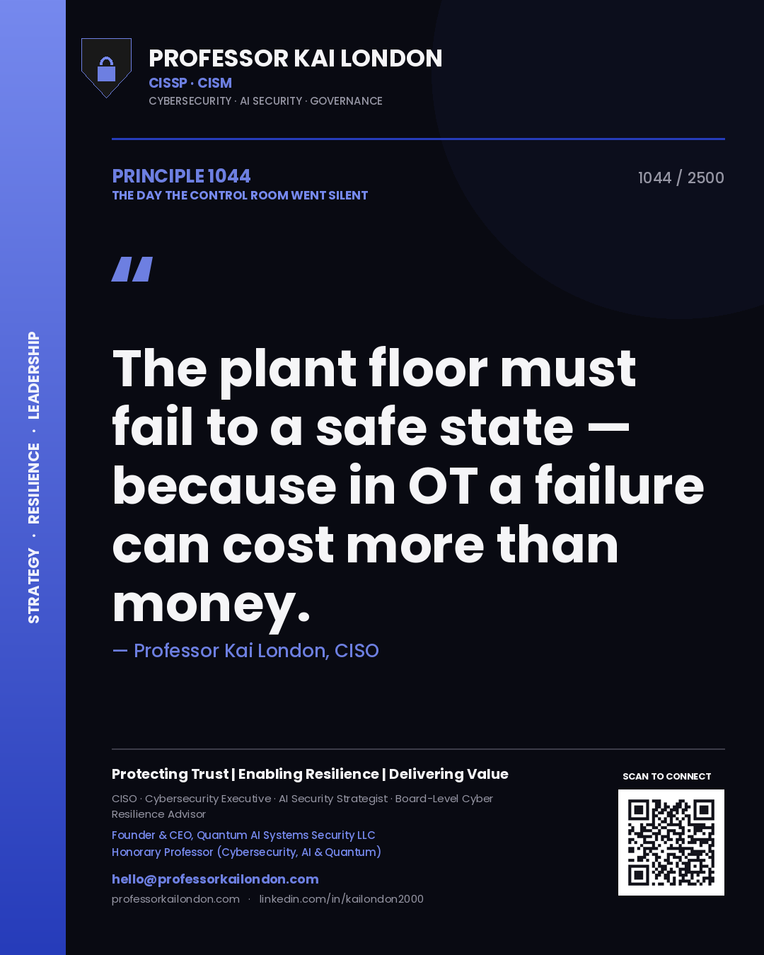 Quote card by Professor Kai London reading 'The plant floor must fail to a safe state — because in OT a failure can cost more than money.'. From the book The Day the Control Room Went Silent.