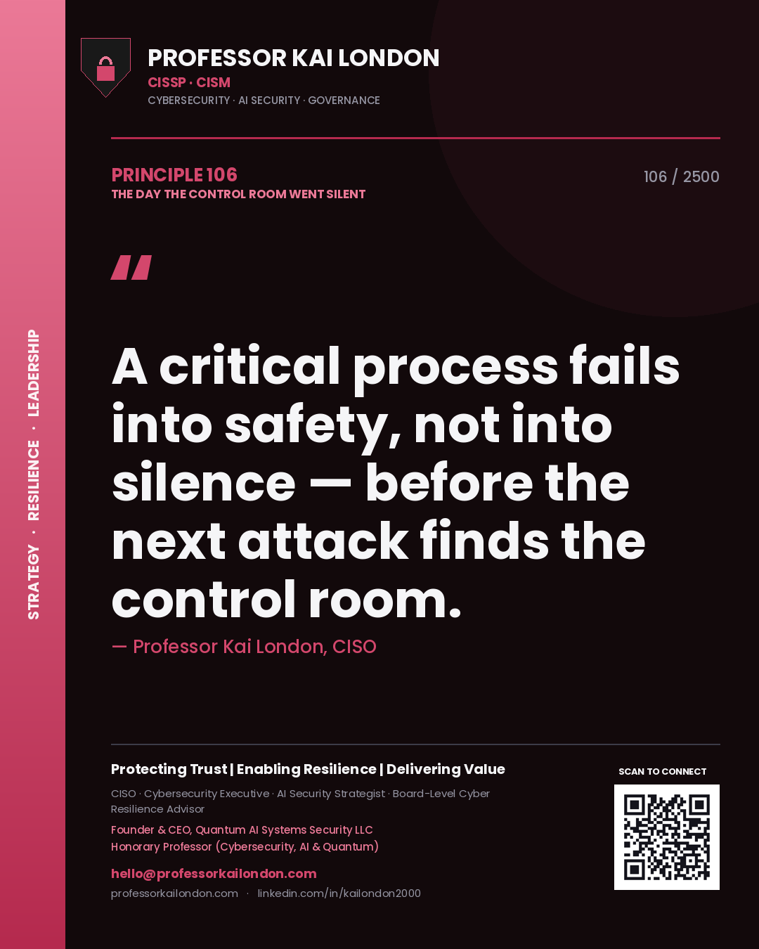 Professor Kai London principle 106: A critical process fails into safety, not into silence — before the next attack finds the control room.