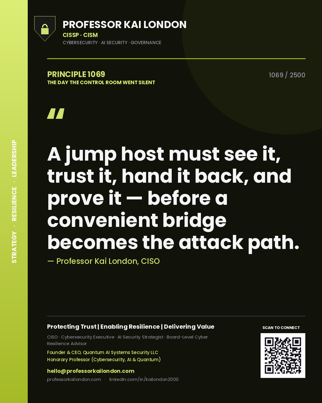 Quote card by Professor Kai London reading 'A jump host must see it, trust it, hand it back, and prove it — before a convenient bridge becomes the attack path.'. From the book The Day the Control Room Went Silent.