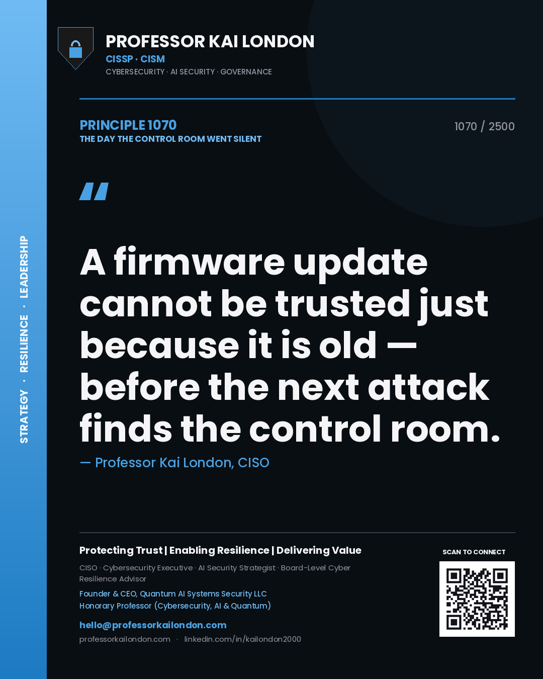 Quote card by Professor Kai London reading 'A firmware update cannot be trusted just because it is old — before the next attack finds the control room.'. From the book The Day the Control Room Went Silent.