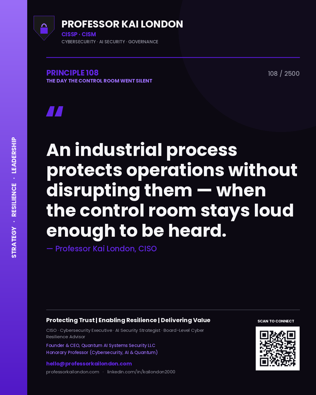 Professor Kai London principle 108: An industrial process protects operations without disrupting them — when the control room stays loud enough to be heard.