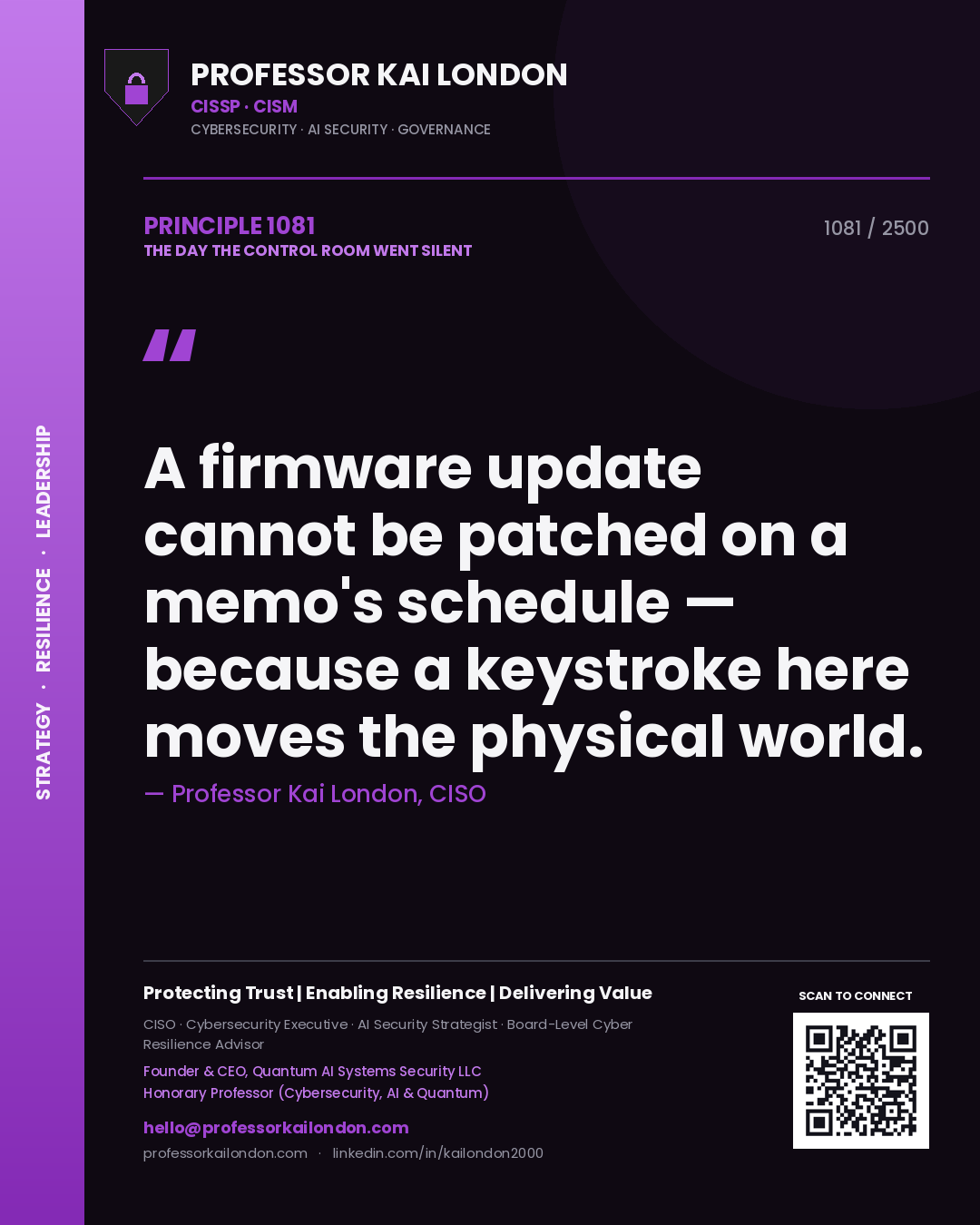 Quote card by Professor Kai London reading 'A firmware update cannot be patched on a memo's schedule — because a keystroke here moves the physical world.'. From the book The Day the Control Room Went Silent.