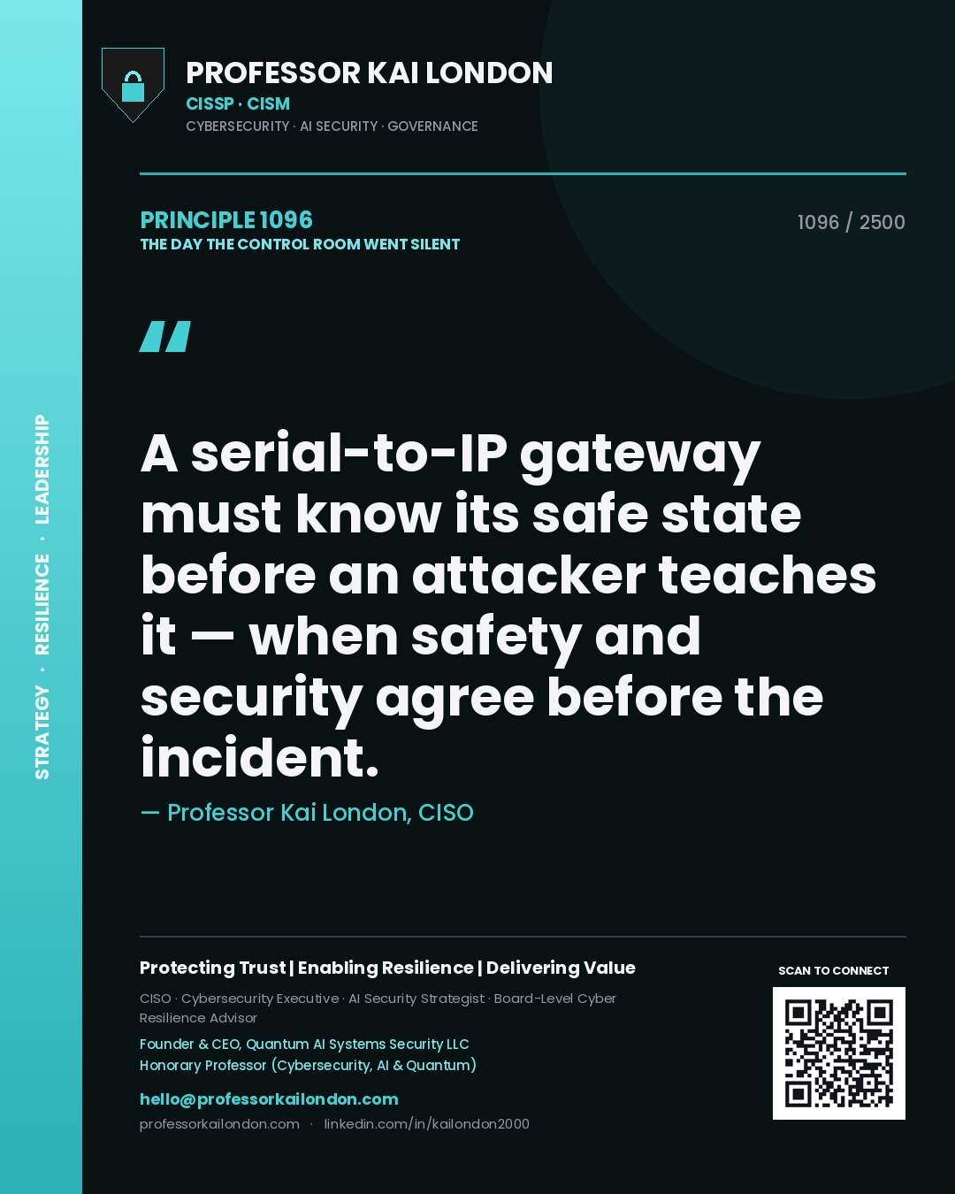 Quote card by Professor Kai London reading 'A serial-to-IP gateway must know its safe state before an attacker teaches it — when safety and security agree before the incident.'. From the book The Day the Control Room Went Silent.