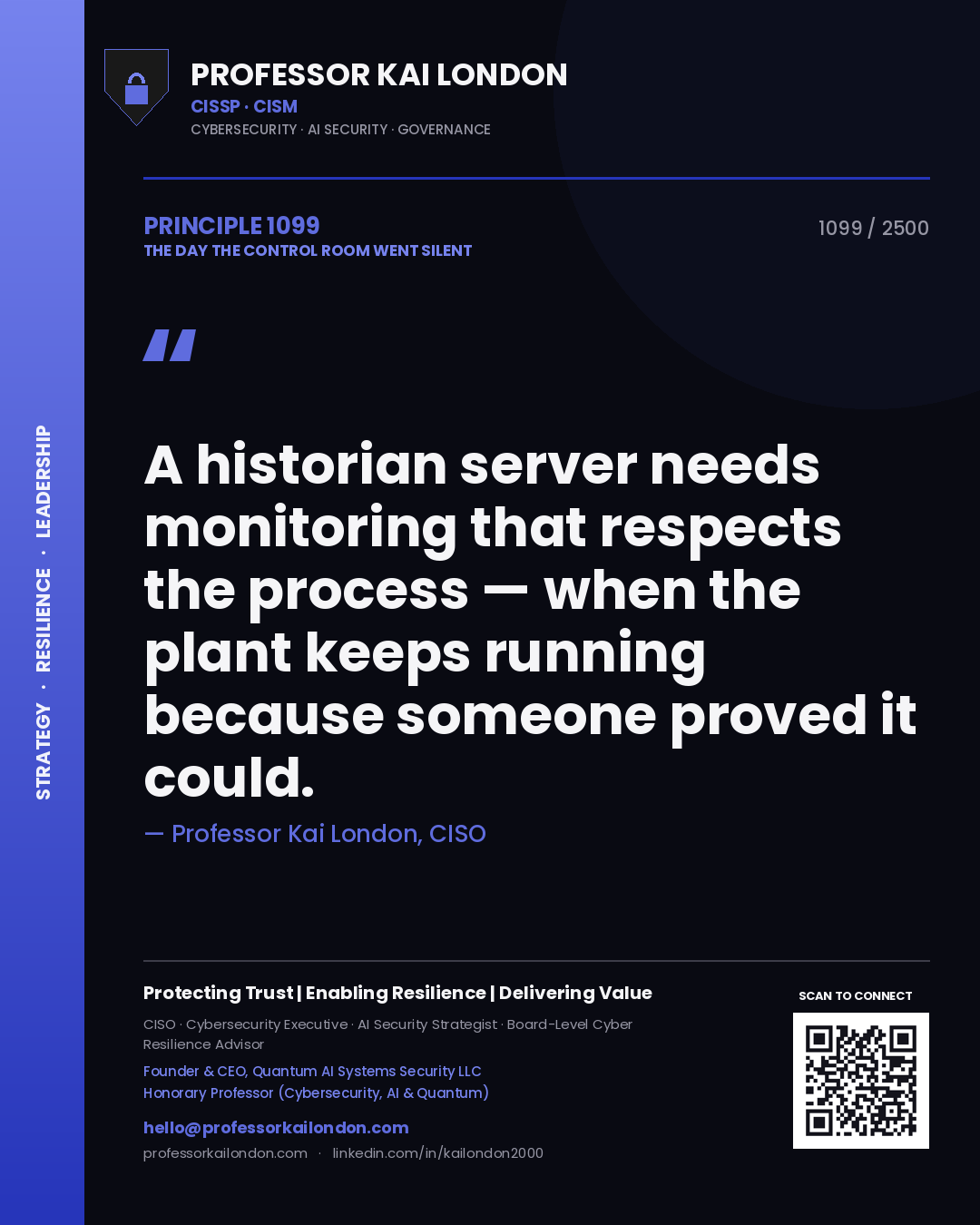 Quote card by Professor Kai London reading 'A historian server needs monitoring that respects the process — when the plant keeps running because someone proved it could.'. From the book The Day the Control Room Went Silent.