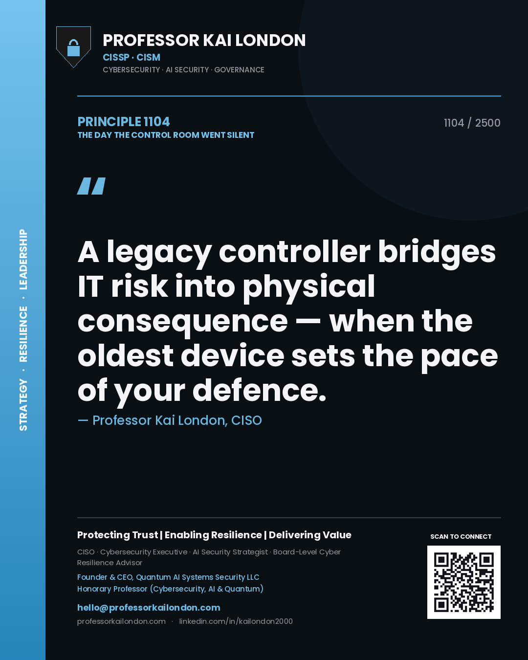 Quote card by Professor Kai London reading 'A legacy controller bridges IT risk into physical consequence — when the oldest device sets the pace of your defence.'. From the book The Day the Control Room Went Silent.
