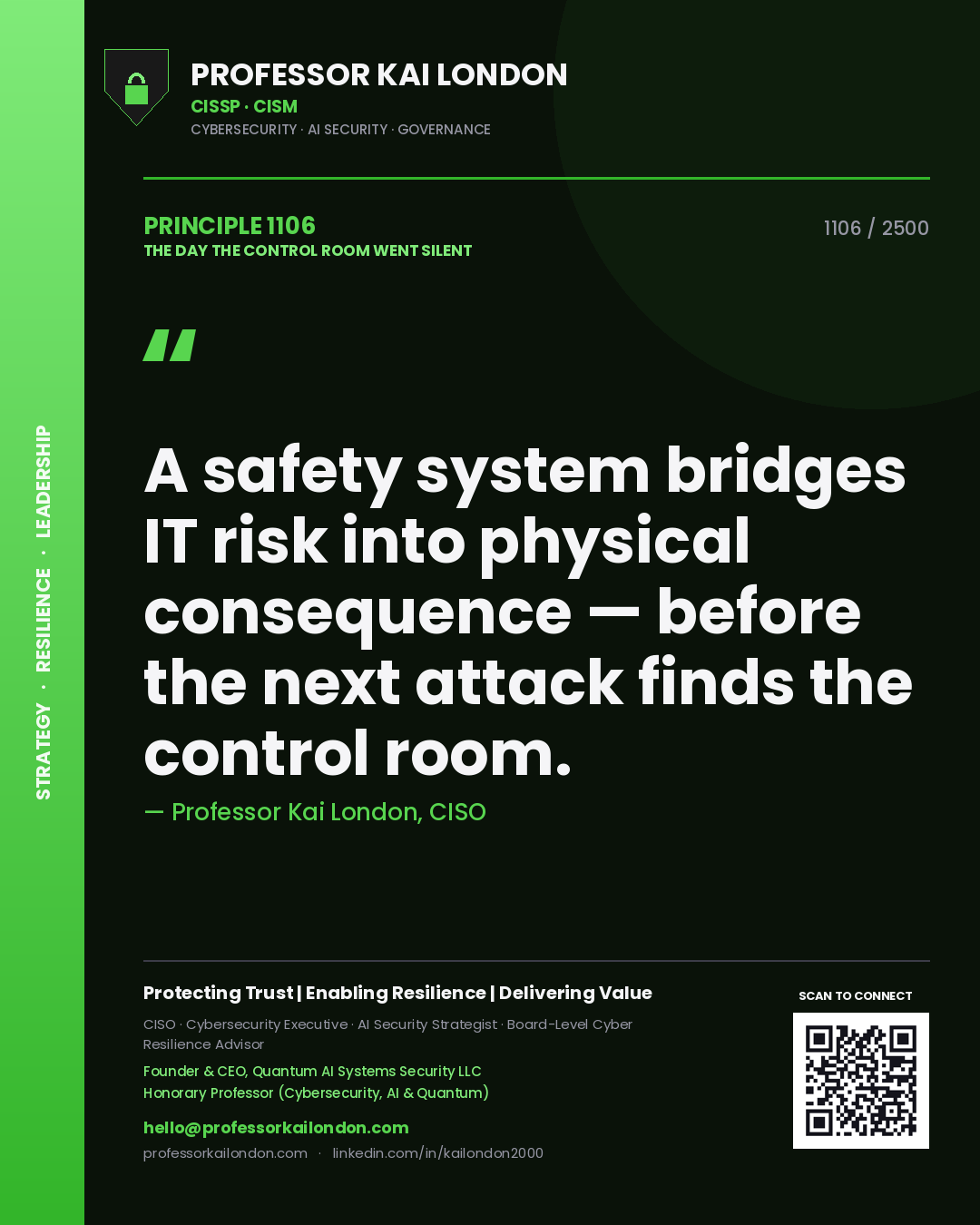 Quote card by Professor Kai London reading 'A safety system bridges IT risk into physical consequence — before the next attack finds the control room.'. From the book The Day the Control Room Went Silent.
