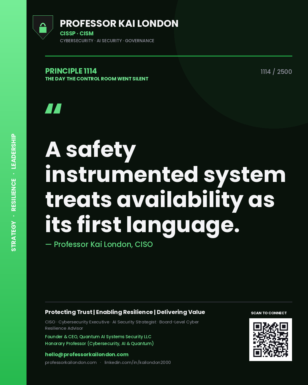 Quote card by Professor Kai London reading 'A safety instrumented system treats availability as its first language.'. From the book The Day the Control Room Went Silent.