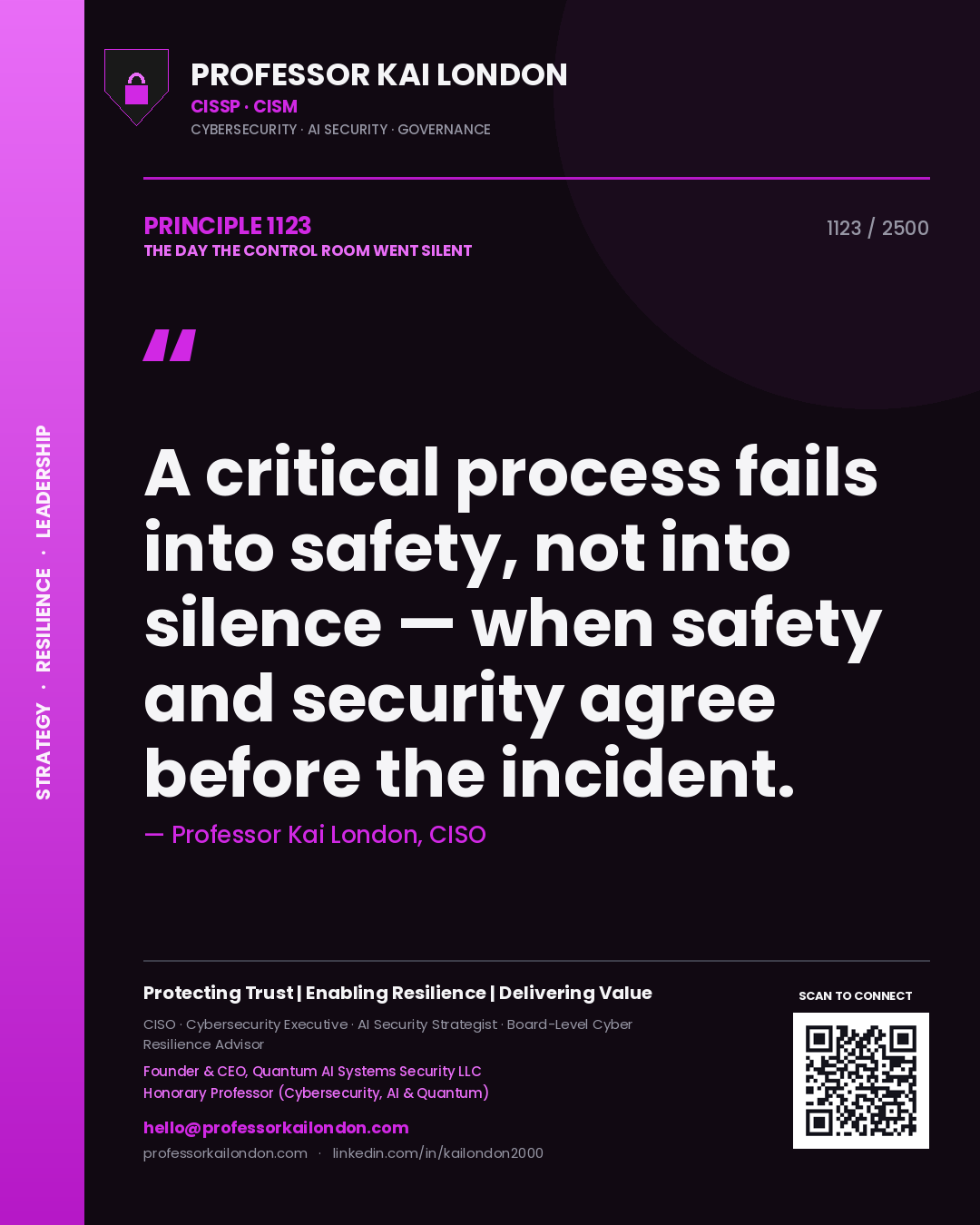 Quote card by Professor Kai London reading 'A critical process fails into safety, not into silence — when safety and security agree before the incident.'. From the book The Day the Control Room Went Silent.