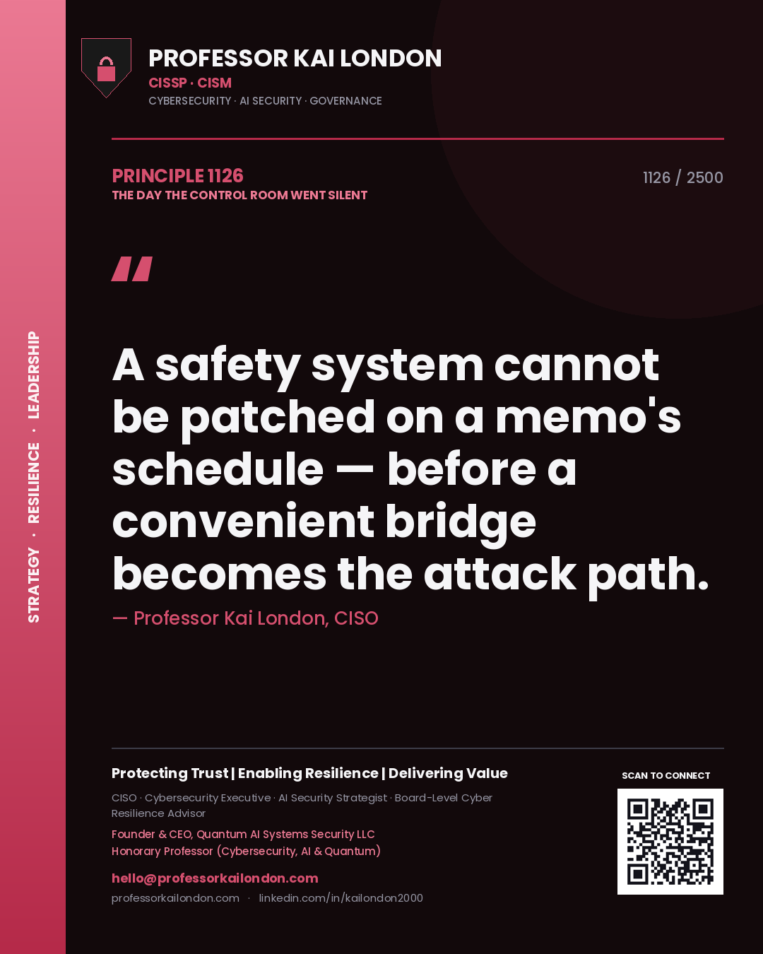 Quote card by Professor Kai London reading 'A safety system cannot be patched on a memo's schedule — before a convenient bridge becomes the attack path.'. From the book The Day the Control Room Went Silent.