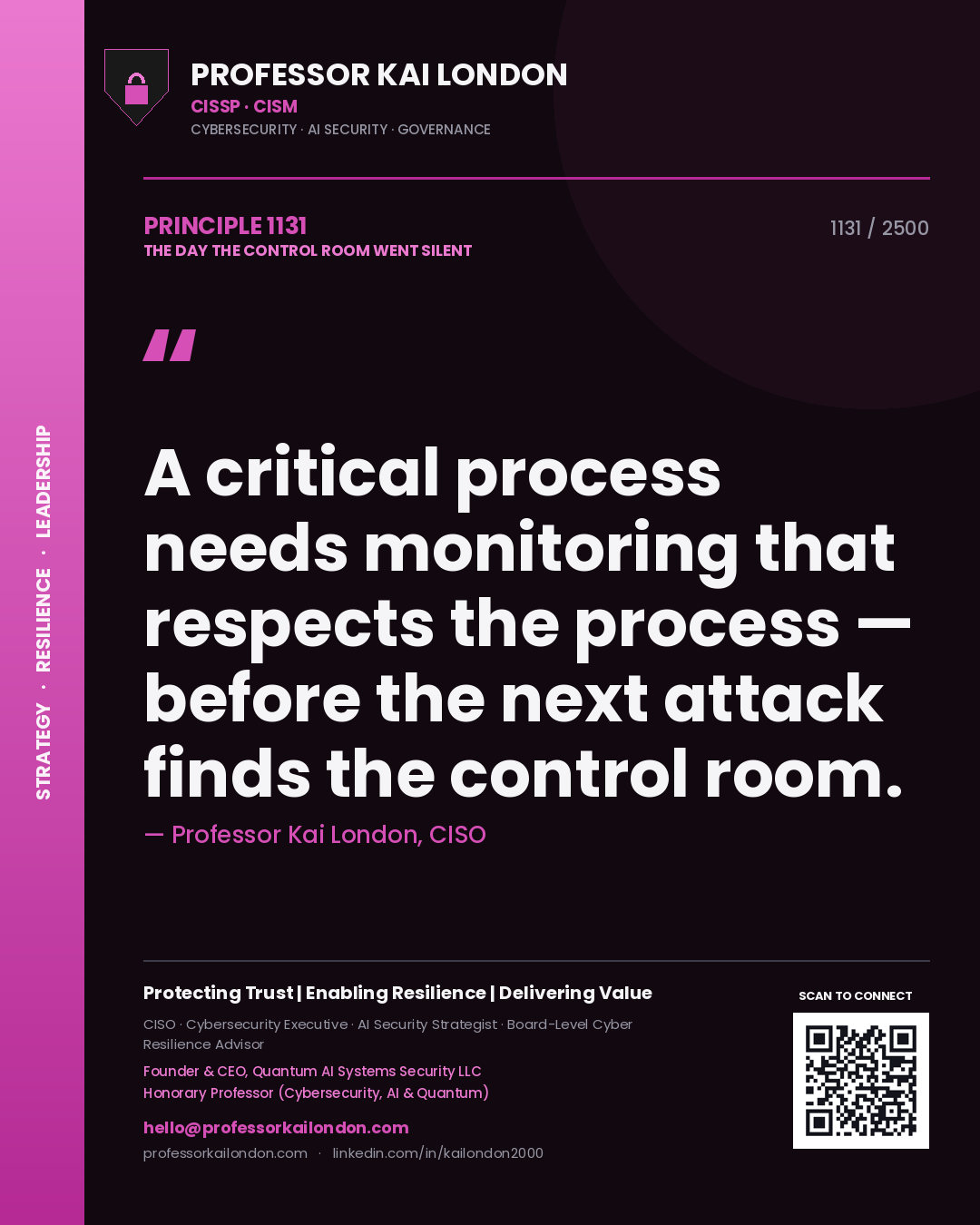 Quote card by Professor Kai London reading 'A critical process needs monitoring that respects the process — before the next attack finds the control room.'. From the book The Day the Control Room Went Silent.