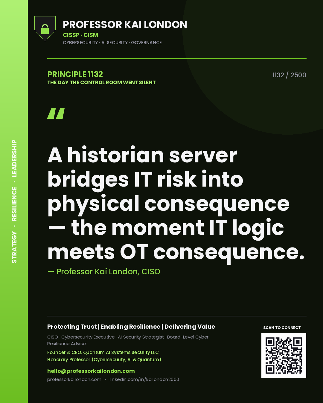 Quote card by Professor Kai London reading 'A historian server bridges IT risk into physical consequence — the moment IT logic meets OT consequence.'. From the book The Day the Control Room Went Silent.
