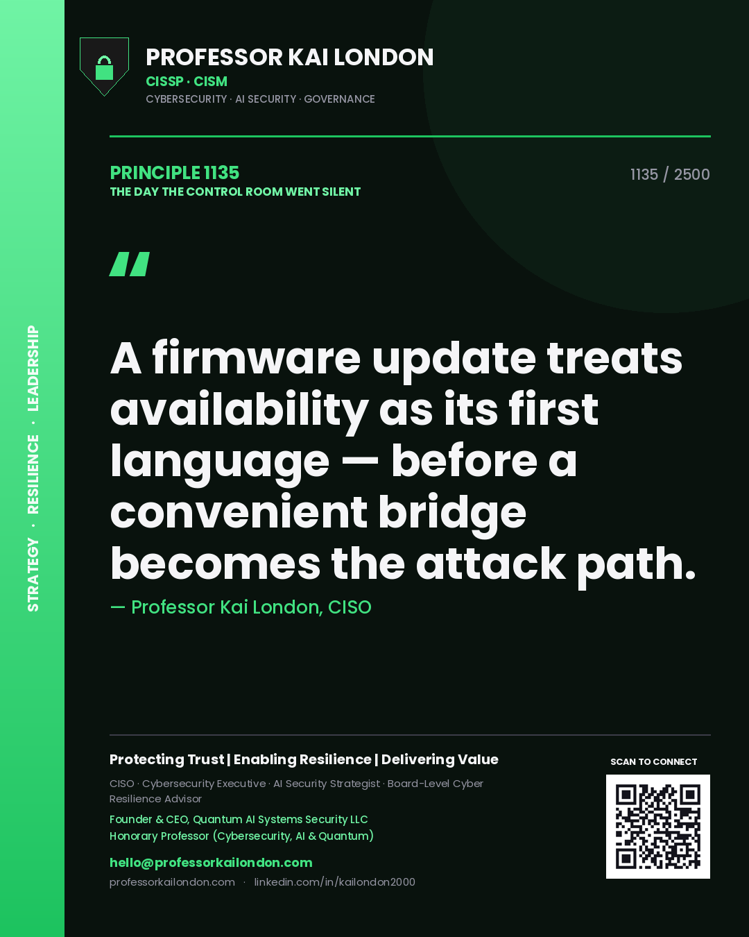Quote card by Professor Kai London reading 'A firmware update treats availability as its first language — before a convenient bridge becomes the attack path.'. From the book The Day the Control Room Went Silent.