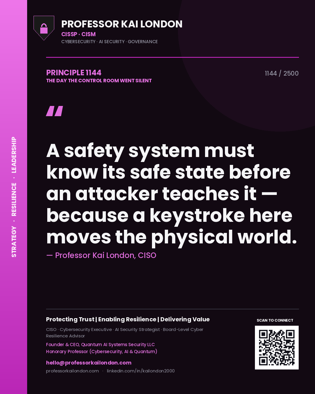 Quote card by Professor Kai London reading 'A safety system must know its safe state before an attacker teaches it — because a keystroke here moves the physical world.'. From the book The Day the Control Room Went Silent.