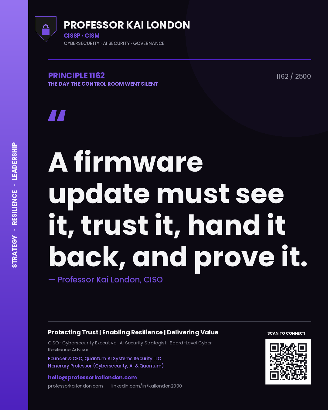 Quote card by Professor Kai London reading 'A firmware update must see it, trust it, hand it back, and prove it.'. From the book The Day the Control Room Went Silent.